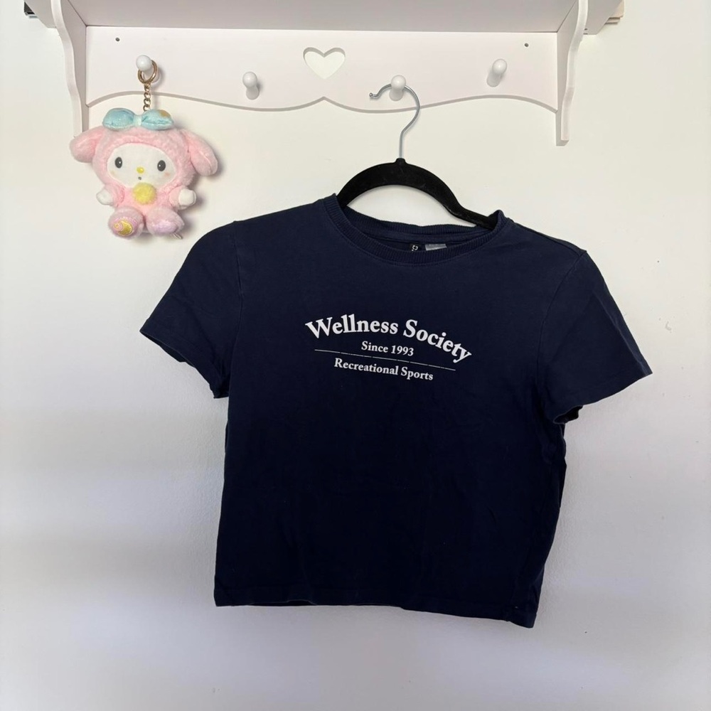 H&M Graphic Wellness Society Navy Blue Crop Top Baby Tee